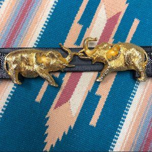 Vintage 1980s Alexis Kirk Leather Belt with Gold Tone Elephant Belt Buckle